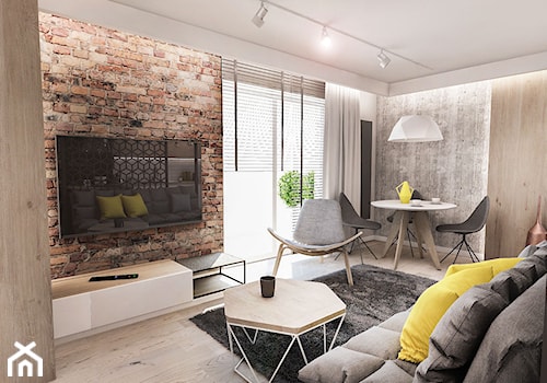Projekt mieszkania 60 m2 w Gdańsku - Mały szary salon z jadalnią, styl skandynawski - zdjęcie od BIBI Designe