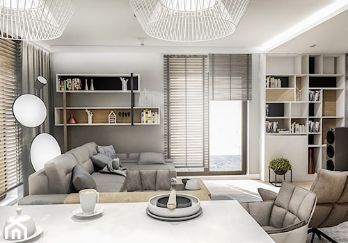 Projekt Mieszkania W-wa 2019 - Mały szary salon z jadalnią - zdjęcie od BIBI Designe