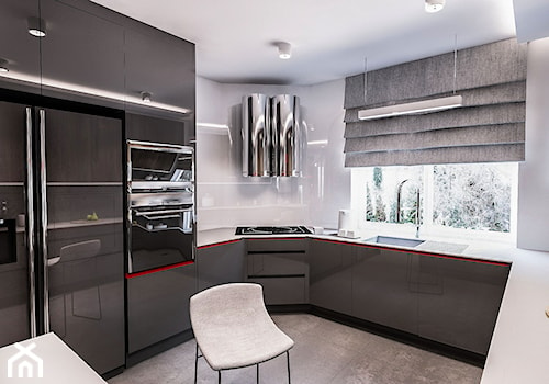 Projekt domu pod Łodzią - Średnia otwarta biała z podblatowym zlewozmywakiem kuchnia w kształcie litery u z oknem, styl nowoczesny - zdjęcie od BIBI Designe