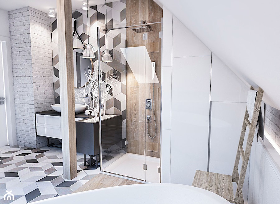 Łazienka na poddaszu ,śląsk - Średnia na poddaszu bez okna z punktowym oświetleniem łazienka, styl skandynawski - zdjęcie od BIBI Designe