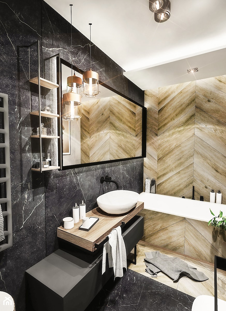 ŁAZIENKA - WROCŁAW 2019 - Średnia bez okna z lustrem z punktowym oświetleniem łazienka, styl vintage - zdjęcie od BIBI Designe