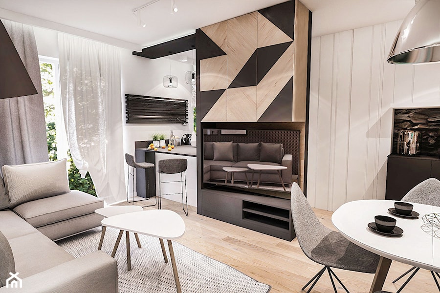 Projekt mieszkania 70m2- Wawa 2017 - Średni biały salon z kuchnią z jadalnią, styl nowoczesny - zdjęcie od BIBI Designe