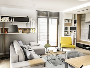 Projekt Mieszkania W-wa 2019 - Średni szary salon z bibiloteczką - zdjęcie od BIBI
