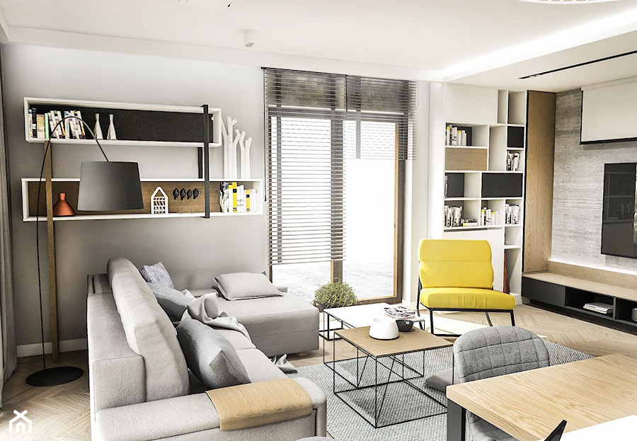 Projekt Mieszkania W-wa 2019 - Średni szary salon z bibiloteczką - zdjęcie od BIBI Designe
