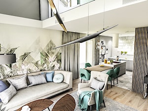 Projekt wnętrza domu pod Sewillą - Duży biały szary salon z kuchnią z jadalnią z tarasem / balkonem ... - zdjęcie od BIBI