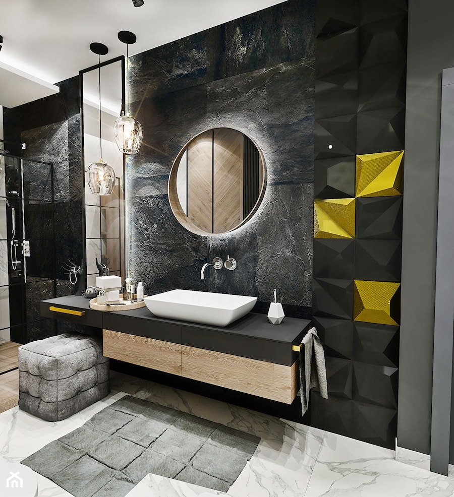 ŁAZIENKA "CIEMNA " 2018 - Średnia bez okna z lustrem z marmurową podłogą łazienka, styl glamour - zdjęcie od BIBI Designe