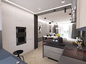 Projekt mieszkania W Warszawie, 58 m2 - Mała otwarta z salonem z kamiennym blatem szara z zabudowan ... - zdjęcie od BIBI