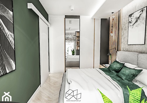 SYPIALNIA W KAWALERCE ŁÓDŻ 2019 - Średnia szara zielona sypialnia, styl vintage - zdjęcie od BIBI Designe