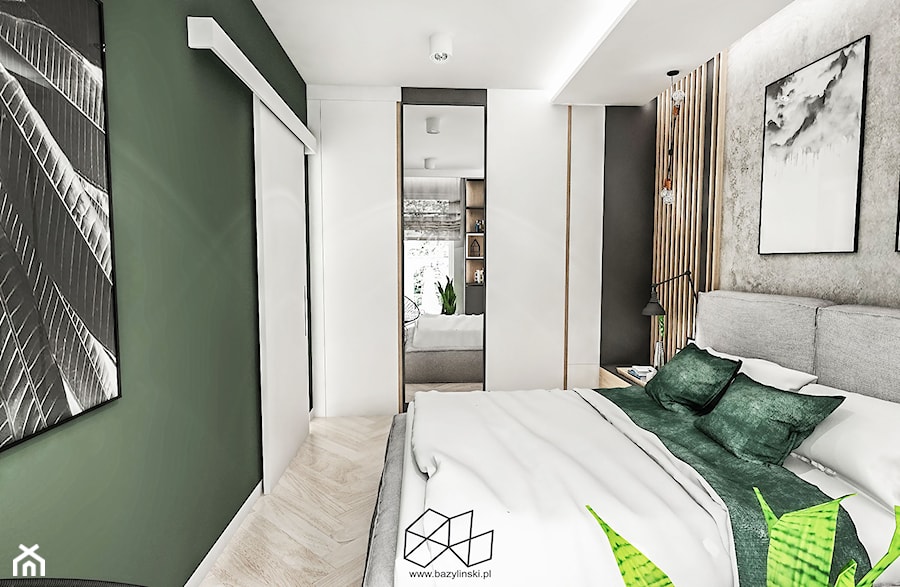 SYPIALNIA W KAWALERCE ŁÓDŻ 2019 - Średnia szara zielona sypialnia, styl vintage - zdjęcie od BIBI Designe