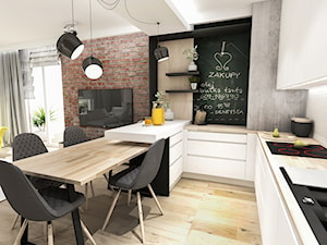 PROJEKT MIESZKANIA - PABIANICE 2018 - Średnia otwarta z salonem szara z zabudowaną lodówką z nablatowym zlewozmywakiem kuchnia w kształcie litery u z oknem - zdjęcie od BIBI Designe