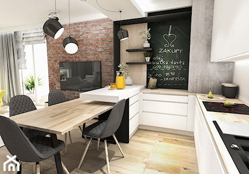 PROJEKT MIESZKANIA - PABIANICE 2018 - Średnia otwarta z salonem szara z zabudowaną lodówką z nablatowym zlewozmywakiem kuchnia w kształcie litery u z oknem - zdjęcie od BIBI Designe