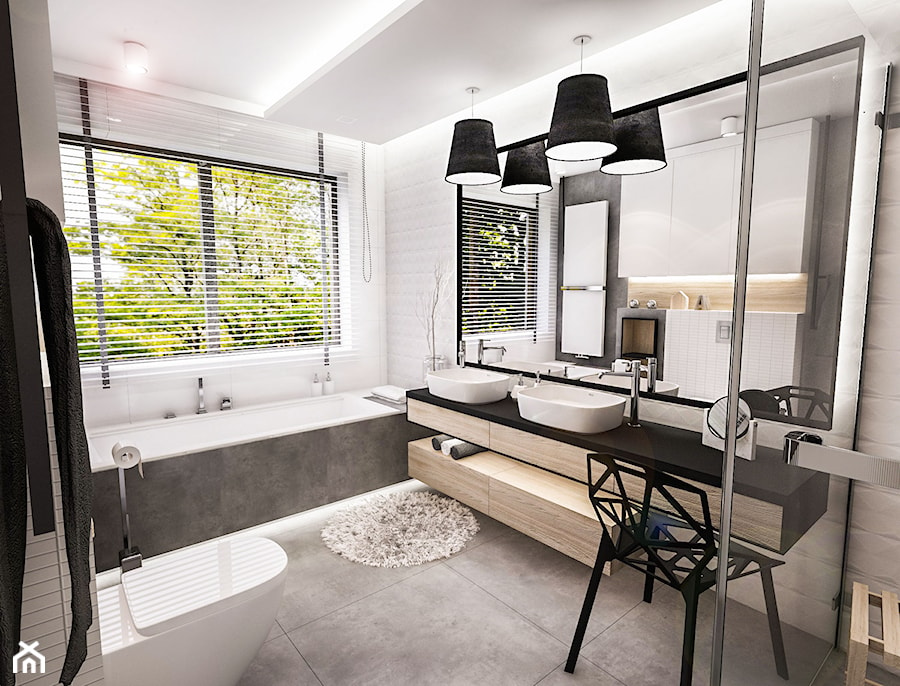 PROJEKT MIESZKANIA - LDZ 2017 - Średnia z lustrem z dwoma umywalkami z punktowym oświetleniem łazienka z oknem, styl nowoczesny - zdjęcie od BIBI Designe
