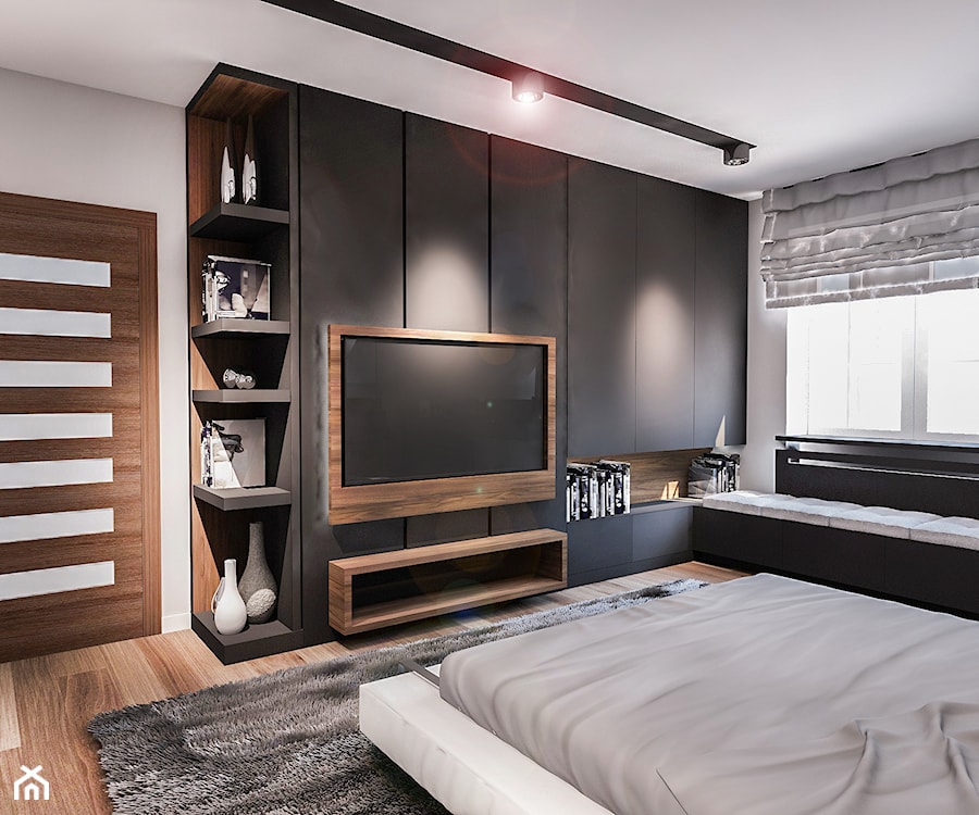 PROJEKT SYPIALNI NA PODDASZU - Średnia czarna szara sypialnia, styl nowoczesny - zdjęcie od BIBI Designe