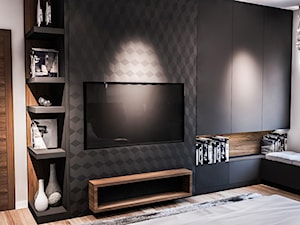 PROJEKT SYPIALNI NA PODDASZU - Mała czarna szara sypialnia, styl nowoczesny - zdjęcie od BIBI