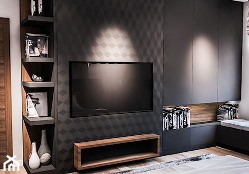 PROJEKT SYPIALNI NA PODDASZU - Mała czarna szara sypialnia, styl nowoczesny - zdjęcie od BIBI Designe