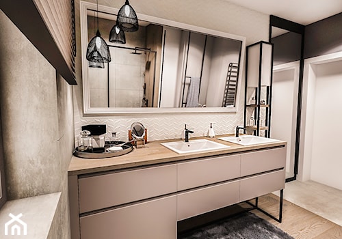 PROJEKT WNĘTRZA DOMU -ŁÓDŹ 2019 - Średnia z lustrem z dwoma umywalkami z punktowym oświetleniem łazienka z oknem - zdjęcie od BIBI Designe