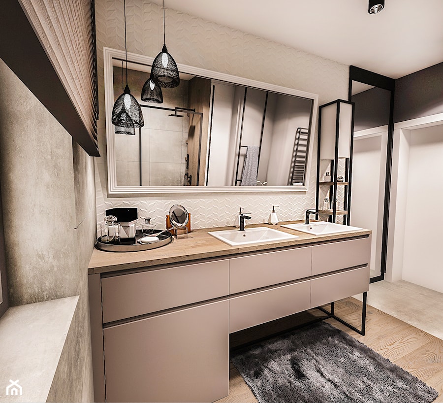 PROJEKT WNĘTRZA DOMU -ŁÓDŹ 2019 - Średnia z lustrem z dwoma umywalkami z punktowym oświetleniem łazienka z oknem - zdjęcie od BIBI Designe