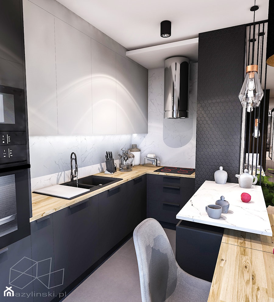 PROJEKT MIESZKANIA - ŁÓDZ 2018 - Mała otwarta czarna szara z zabudowaną lodówką z nablatowym zlewozmywakiem kuchnia w kształcie litery u z marmurem nad blatem kuchennym - zdjęcie od BIBI Designe