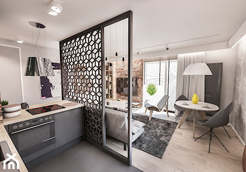 Projekt mieszkania 60 m2 w Gdańsku - Mały szary salon z kuchnią z jadalnią z bibiloteczką, styl ska ... - zdjęcie od BIBI