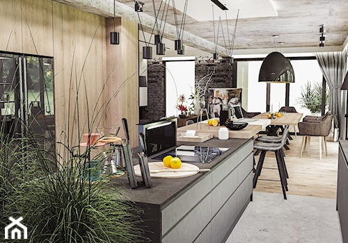 PROJEKT DOMU -POZNAŃ 2019 - Średnia otwarta z salonem z kamiennym blatem czarna szara z zabudowaną lodówką kuchnia dwurzędowa z oknem, styl nowoczesny - zdjęcie od BIBI Designe