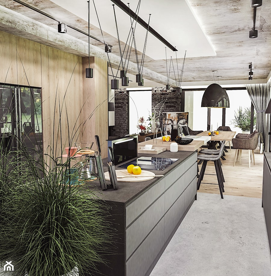 PROJEKT DOMU -POZNAŃ 2019 - Średnia otwarta z salonem z kamiennym blatem czarna szara z zabudowaną lodówką kuchnia dwurzędowa z oknem, styl nowoczesny - zdjęcie od BIBI Designe