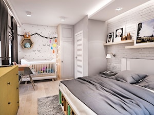 Projekt mieszkania w Łodzi 65 m2 - Średnia biała szara sypialnia, styl skandynawski - zdjęcie od BIBI