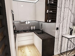Projekt mieszkania - Austria 2017 - Mała otwarta z kamiennym blatem szara z zabudowaną lodówką z nablatowym zlewozmywakiem kuchnia w kształcie litery u - zdjęcie od BIBI Designe