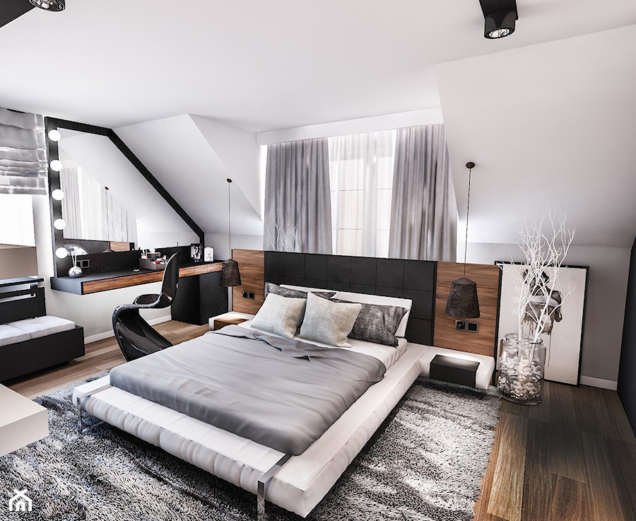 PROJEKT SYPIALNI NA PODDASZU - Średnia szara sypialnia na poddaszu, styl nowoczesny - zdjęcie od BIBI Designe