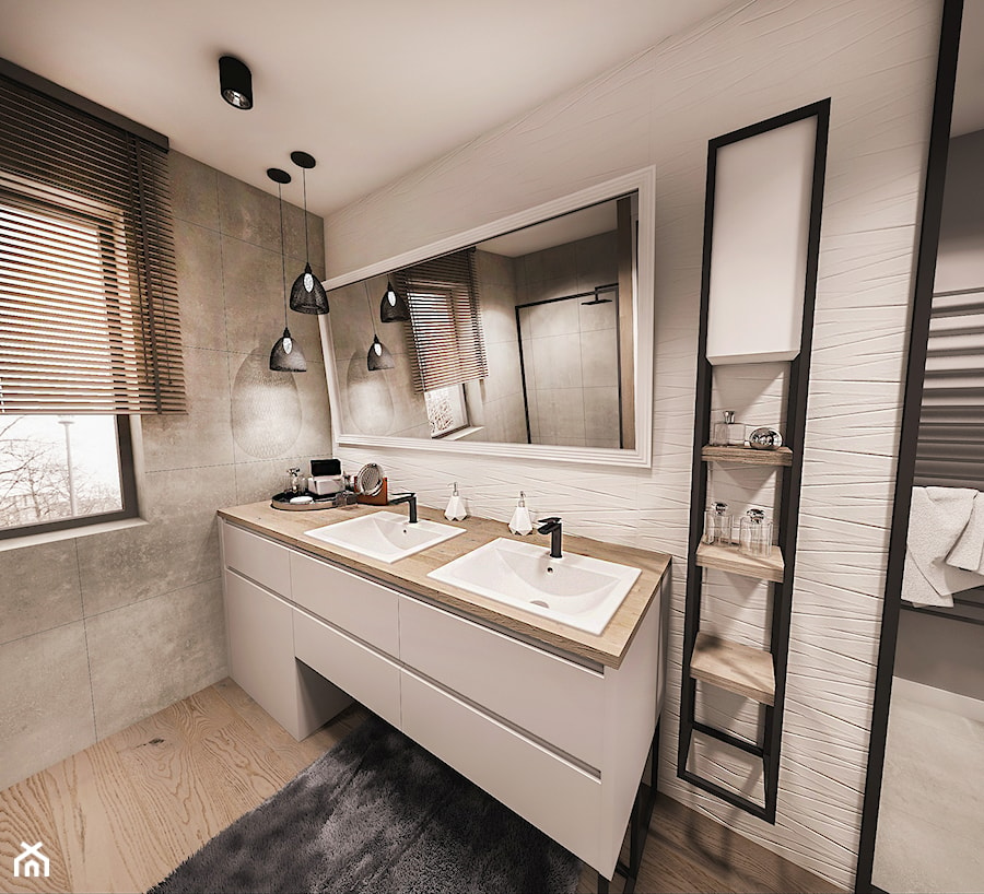 PROJEKT WNĘTRZA DOMU -ŁÓDŹ 2019 - Średnia z lustrem z dwoma umywalkami łazienka z oknem - zdjęcie od BIBI Designe