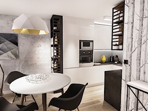 Projekt mieszkania - Austria 2017 - Średnia z salonem szara z zabudowaną lodówką kuchnia w kształcie ... - zdjęcie od BIBI