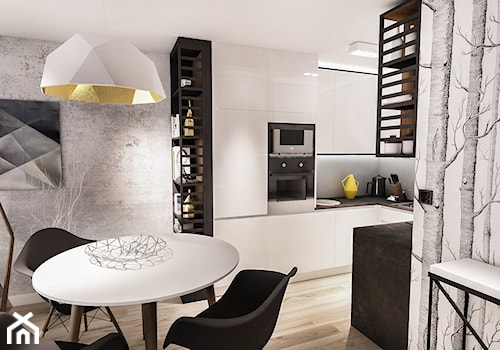 Projekt mieszkania - Austria 2017 - Średnia z salonem szara z zabudowaną lodówką kuchnia w kształcie litery u z oknem - zdjęcie od BIBI Designe