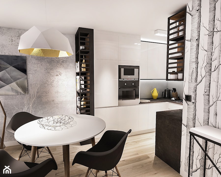 Projekt mieszkania - Austria 2017 - Średnia z salonem szara z zabudowaną lodówką kuchnia w kształcie litery u z oknem - zdjęcie od BIBI Designe