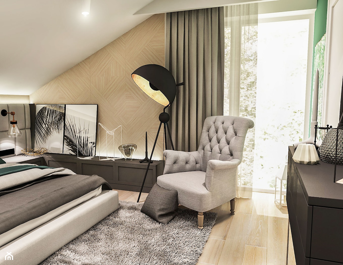 Projekt wnętrza domu pod Sewillą - Średnia szara zielona sypialnia na poddaszu - zdjęcie od BIBI Designe - Homebook