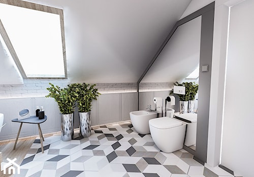Łazienka na poddaszu ,śląsk - Średnia na poddaszu z lustrem łazienka z oknem, styl skandynawski - zdjęcie od BIBI Designe