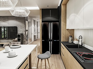 Projekt Mieszkania W-wa 2019 - Średnia z salonem beżowa biała z zabudowaną lodówką z podblatowym zle ... - zdjęcie od BIBI