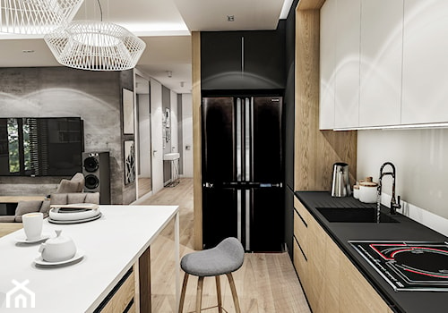 Projekt Mieszkania W-wa 2019 - Średnia z salonem beżowa biała z zabudowaną lodówką z podblatowym zlewozmywakiem kuchnia dwurzędowa z wyspą lub półwyspem - zdjęcie od BIBI Designe