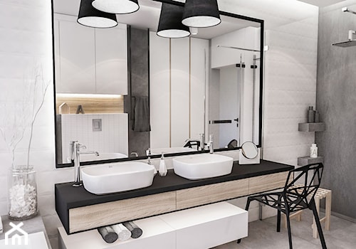 PROJEKT MIESZKANIA - LDZ 2017 - Średnia bez okna z lustrem z dwoma umywalkami z punktowym oświetleniem łazienka - zdjęcie od BIBI Designe