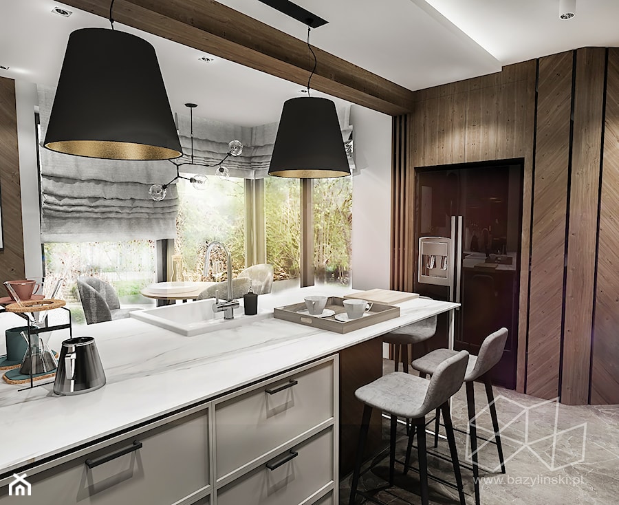Projekt kuchni do domu jednorodzinnego - Średnia otwarta szara z nablatowym zlewozmywakiem kuchnia w kształcie litery l z oknem - zdjęcie od BIBI Designe