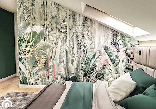 Projekt wnętrza domu pod Sewillą - Średnia biała zielona sypialnia na poddaszu - zdjęcie od BIBI Designe