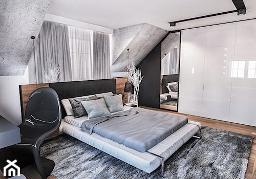 PROJEKT SYPIALNI NA PODDASZU - Średnia szara z biurkiem sypialnia na poddaszu, styl nowoczesny - zdjęcie od BIBI Designe