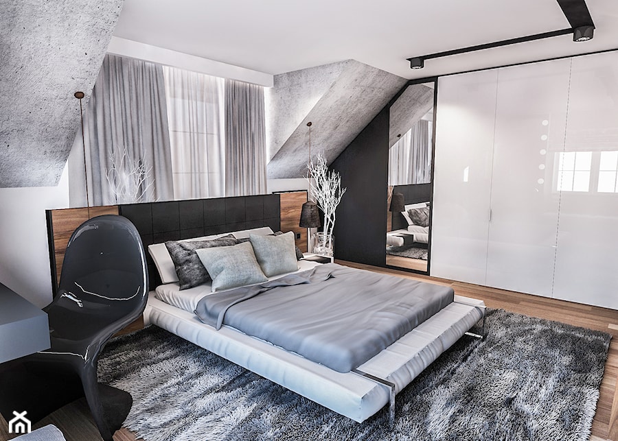 PROJEKT SYPIALNI NA PODDASZU - Średnia szara z biurkiem sypialnia na poddaszu, styl nowoczesny - zdjęcie od BIBI Designe