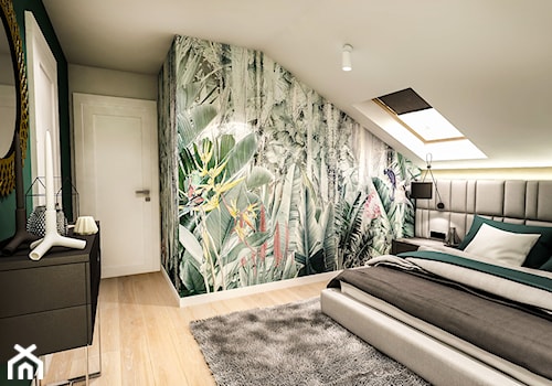 Projekt wnętrza domu pod Sewillą - Średnia szara zielona sypialnia na poddaszu - zdjęcie od BIBI