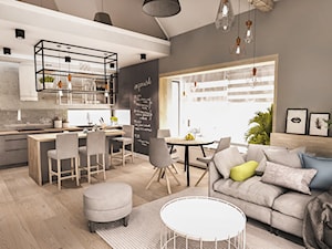 PROJEKT WNĘTRZA DOMU -ŁÓDŹ 2019 - Mały szary salon z kuchnią z jadalnią - zdjęcie od BIBI Designe