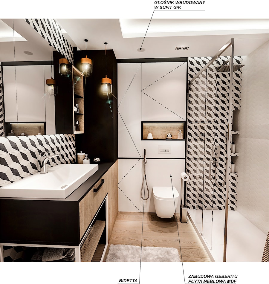 PROJEKT MIESZKANIA -Wawa Bemowo 2018 - Średnia bez okna z lustrem z punktowym oświetleniem łazienka, styl industrialny - zdjęcie od BIBI Designe