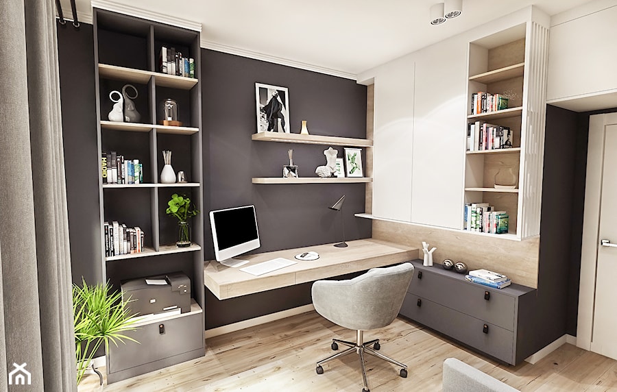 PROJEKT MIESZKANIA / Wersja ciemna - ŁÓDŹ 2019 - Średnie w osobnym pomieszczeniu z sofą z zabudowanym biurkiem białe czarne biuro, styl vintage - zdjęcie od BIBI Designe