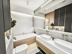 Projekt Mieszkania W-wa 2019 - Mała bez okna z lustrem z dwoma umywalkami z punktowym oświetleniem ł ... - zdjęcie od BIBI