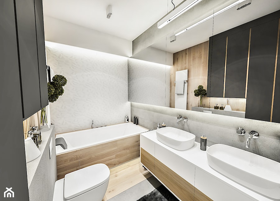 Projekt Mieszkania W-wa 2019 - Mała bez okna z lustrem z dwoma umywalkami z punktowym oświetleniem łazienka - zdjęcie od BIBI Designe