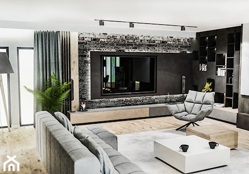 PROJEKT DOMU -POZNAŃ 2019 - Duży biały czarny szary salon, styl nowoczesny - zdjęcie od BIBI Designe
