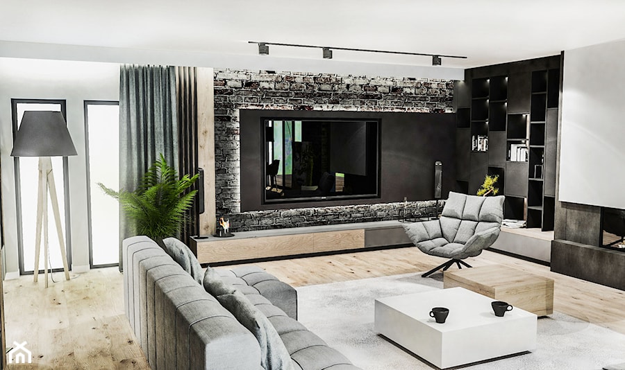 PROJEKT DOMU -POZNAŃ 2019 - Duży biały czarny szary salon, styl nowoczesny - zdjęcie od BIBI Designe
