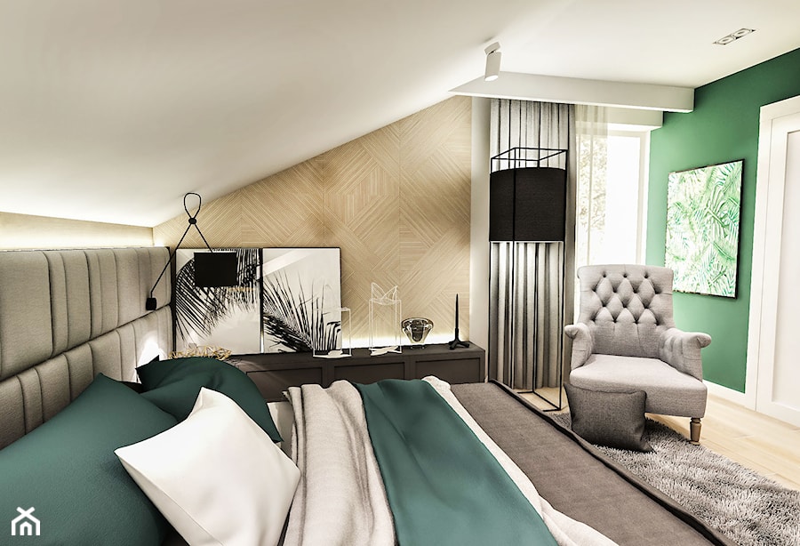 Projekt wnętrza domu pod Sewillą - Średnia szara zielona sypialnia na poddaszu, styl nowoczesny - zdjęcie od BIBI Designe